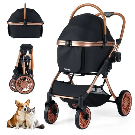 3-in-1 Foldable Pet Stroller with Sun Shade and Safety Belt for up to 55 lbs Small Medium Dogs Cats-Black - Black - Cat
