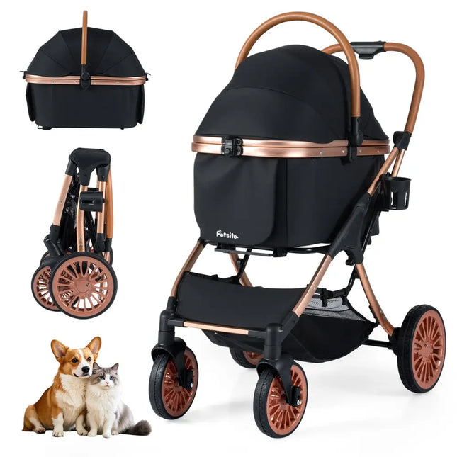 3-in-1 Foldable Pet Stroller with Sun Shade and Safety Belt for up to 55 lbs Small Medium Dogs Cats-Black - Black - Cat