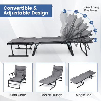 3 in 1 Folding Camping Cot and Comfy Padded Convertible Single Sofa Chair-Gray - Gray - Camping Furniture