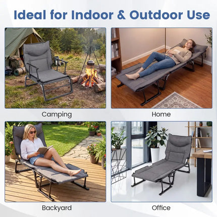 3 in 1 Folding Camping Cot and Comfy Padded Convertible Single Sofa Chair-Gray - Gray - Camping Furniture