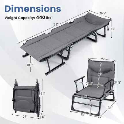 3 in 1 Folding Camping Cot and Comfy Padded Convertible Single Sofa Chair-Gray - Gray - Camping Furniture