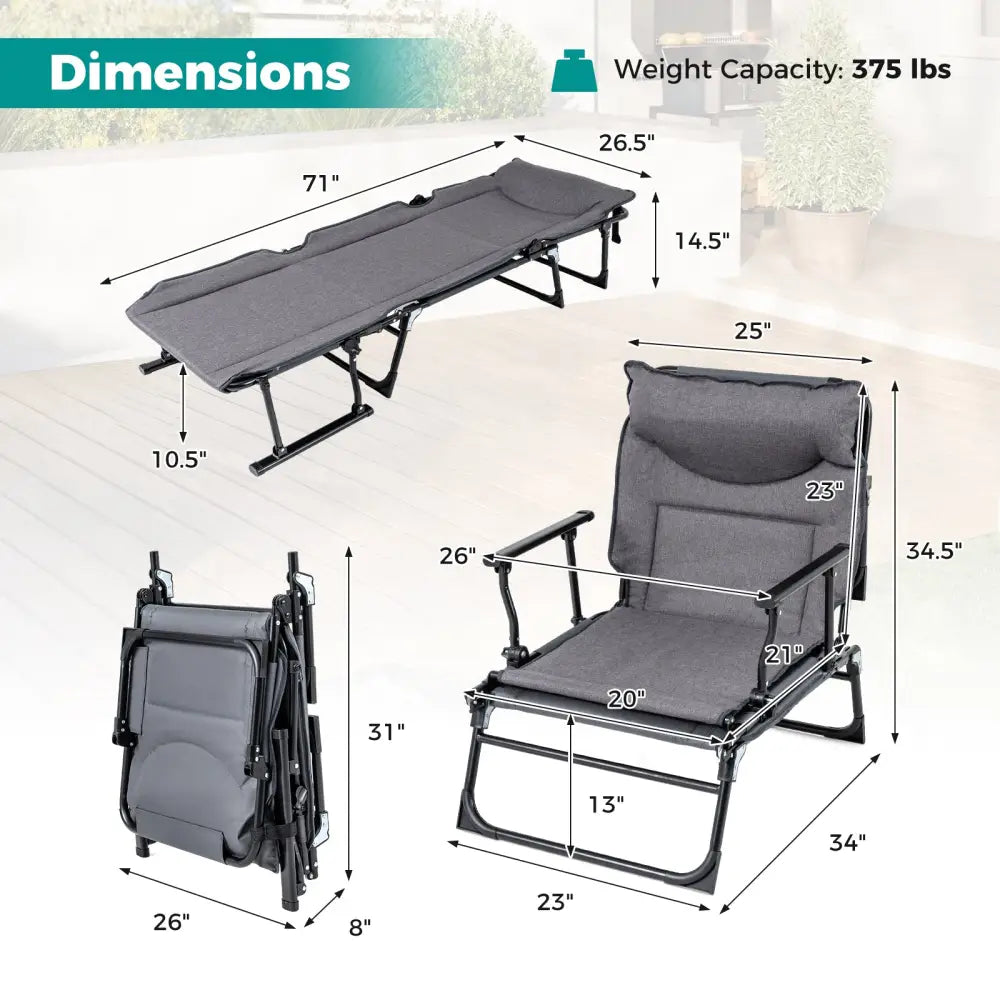 3 in 1 Folding Camping Cot Comfy Padded Convertible Single Sofa Chair-Gray - Gray - Camping Furniture