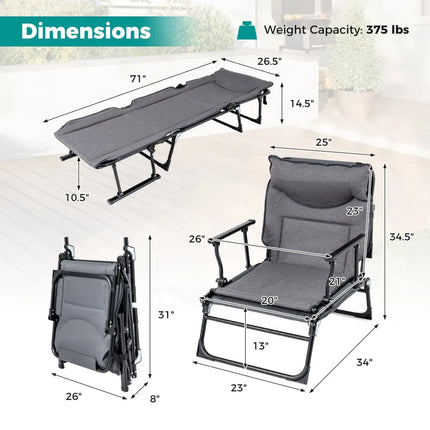 3 in 1 Folding Camping Cot Comfy Padded Convertible Single Sofa Chair-Gray - Gray - Camping Furniture