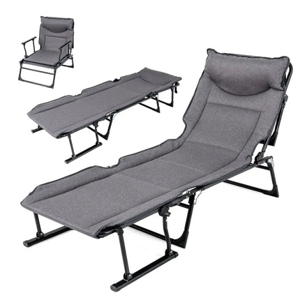 3 in 1 Folding Camping Cot Comfy Padded Convertible Single Sofa Chair-Gray - Gray - Camping Furniture