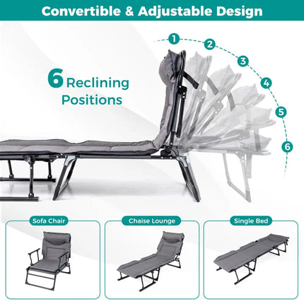 3 in 1 Folding Camping Cot Comfy Padded Convertible Single Sofa Chair-Gray - Gray - Camping Furniture