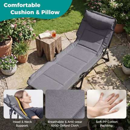 3 in 1 Folding Camping Cot Comfy Padded Convertible Single Sofa Chair-Gray - Gray - Camping Furniture