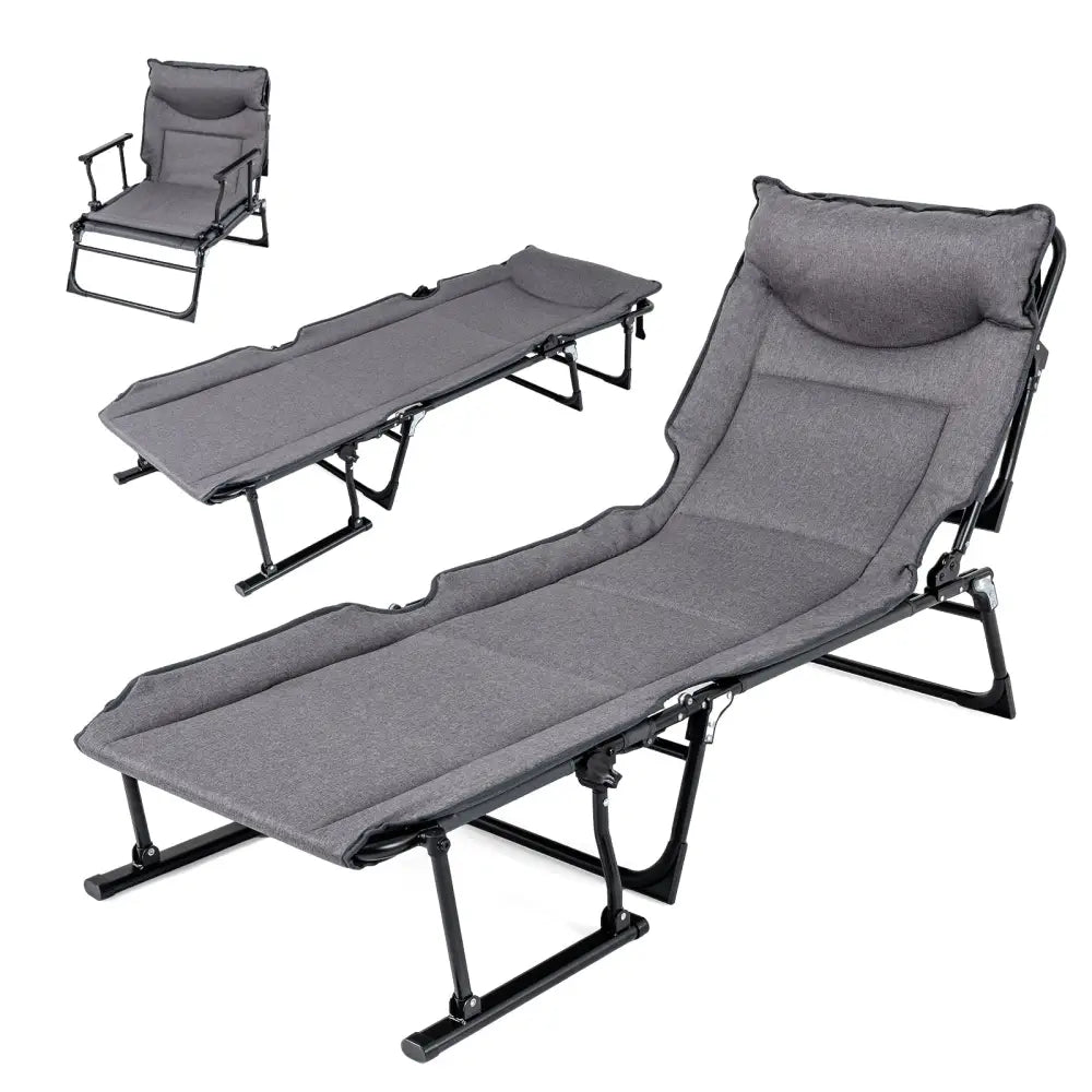 3 in 1 Folding Camping Cot Comfy Padded Convertible Single Sofa Chair-Gray - Gray - Camping Furniture