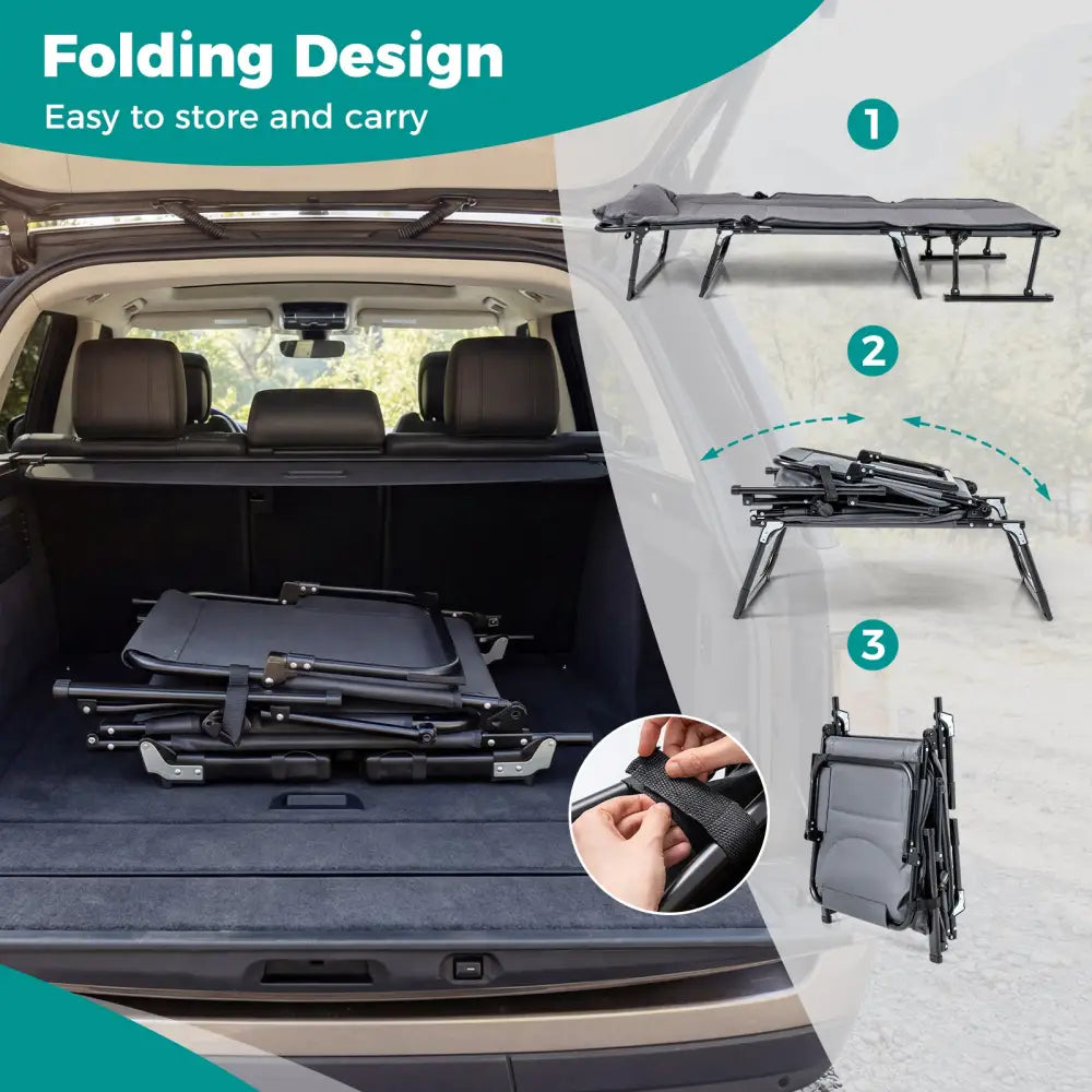 3 in 1 Folding Camping Cot Comfy Padded Convertible Single Sofa Chair-Gray - Gray - Camping Furniture