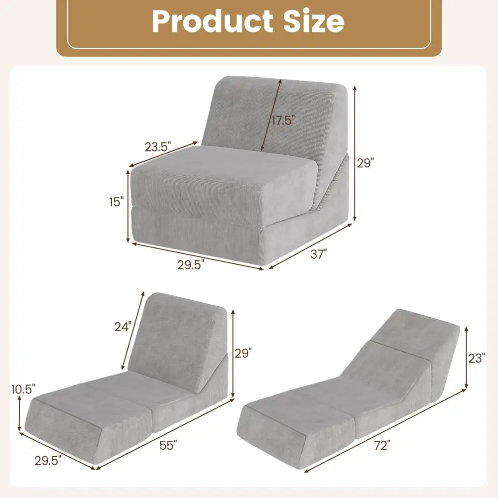 3-in-1 Folding Sofa Bed with Washable Zippered Cover-Gray - Gray - Sofas & Loveseats