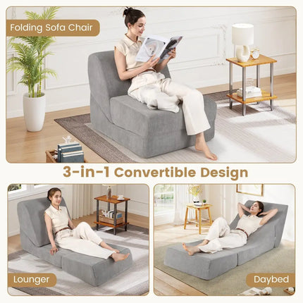 3-in-1 Folding Sofa Bed with Washable Zippered Cover-Gray Costway