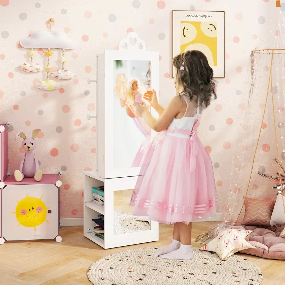 3-in-1 Freestanding Kids Jewelry Cabinet Armoire with Full Length Mirror-White - White - Kids Vanities