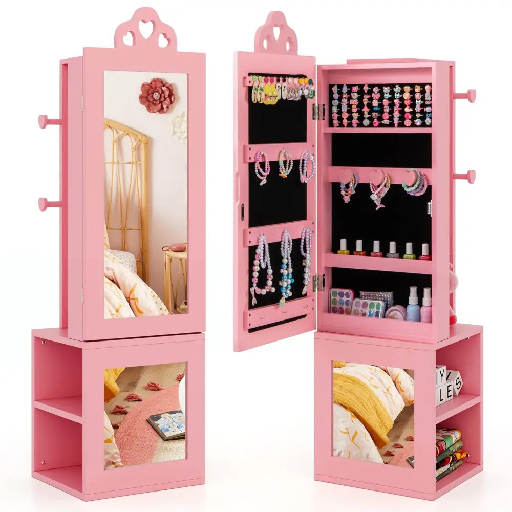 3-in-1 Freestanding Kids Jewelry Cabinet Armoire with Full Length Mirror-Pink - Pink - Kids Vanities