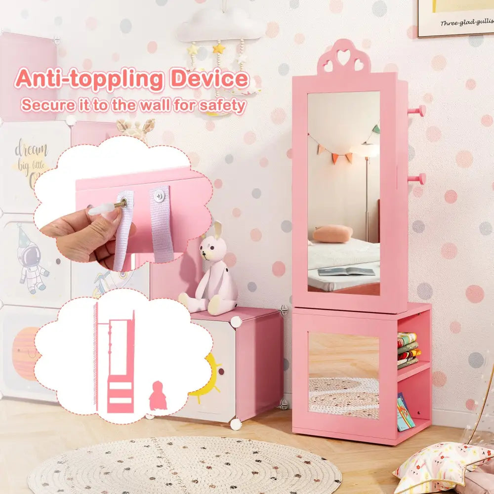 3-in-1 Freestanding Kids Jewelry Cabinet Armoire with Full Length Mirror-Pink - Pink - Kids Vanities