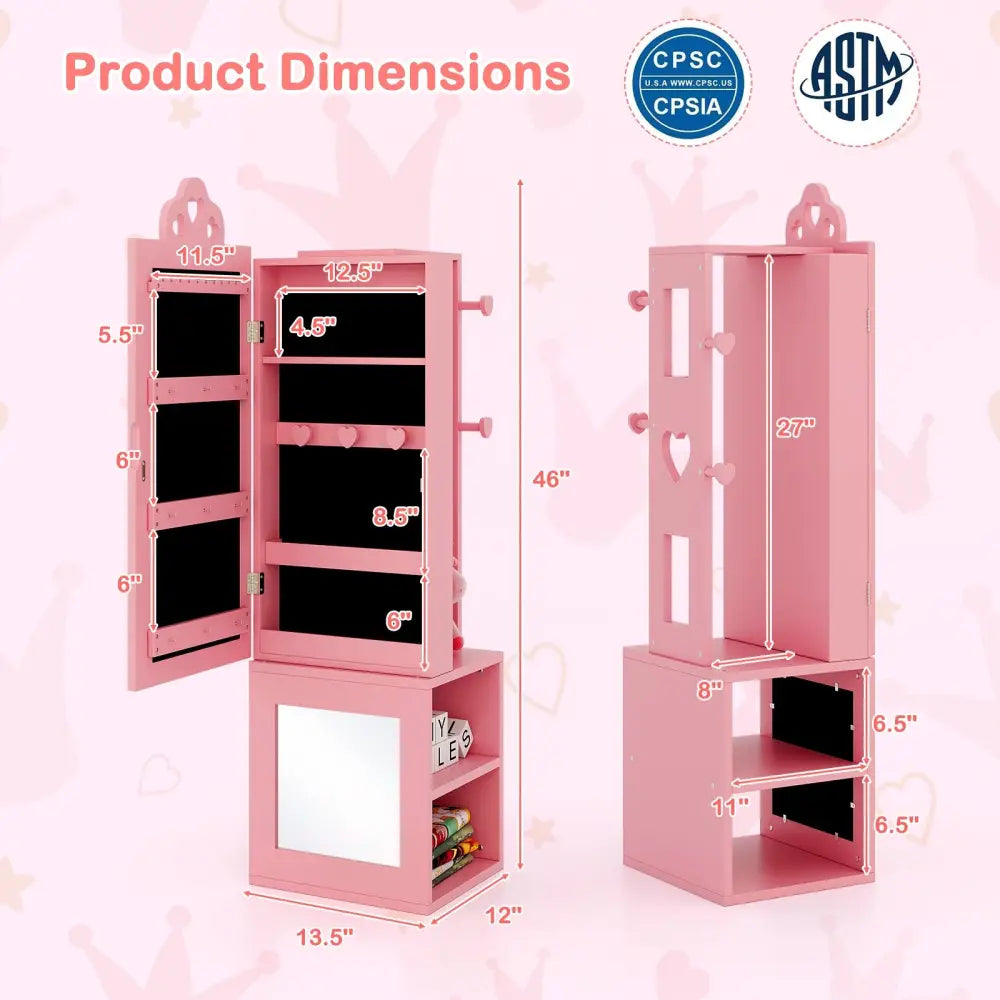 3-in-1 Freestanding Kids Jewelry Cabinet Armoire with Full Length Mirror-Pink - Pink - Kids Vanities