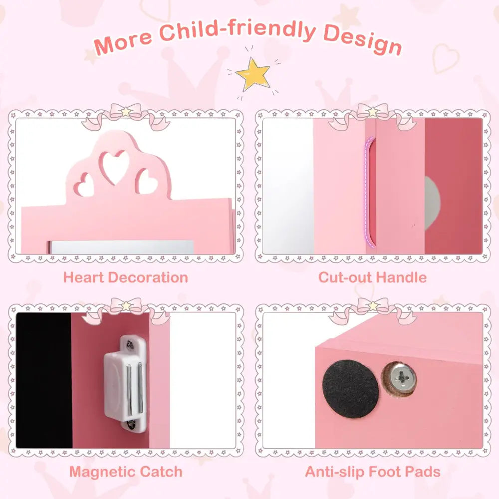 3-in-1 Freestanding Kids Jewelry Cabinet Armoire with Full Length Mirror-Pink - Pink - Kids Vanities