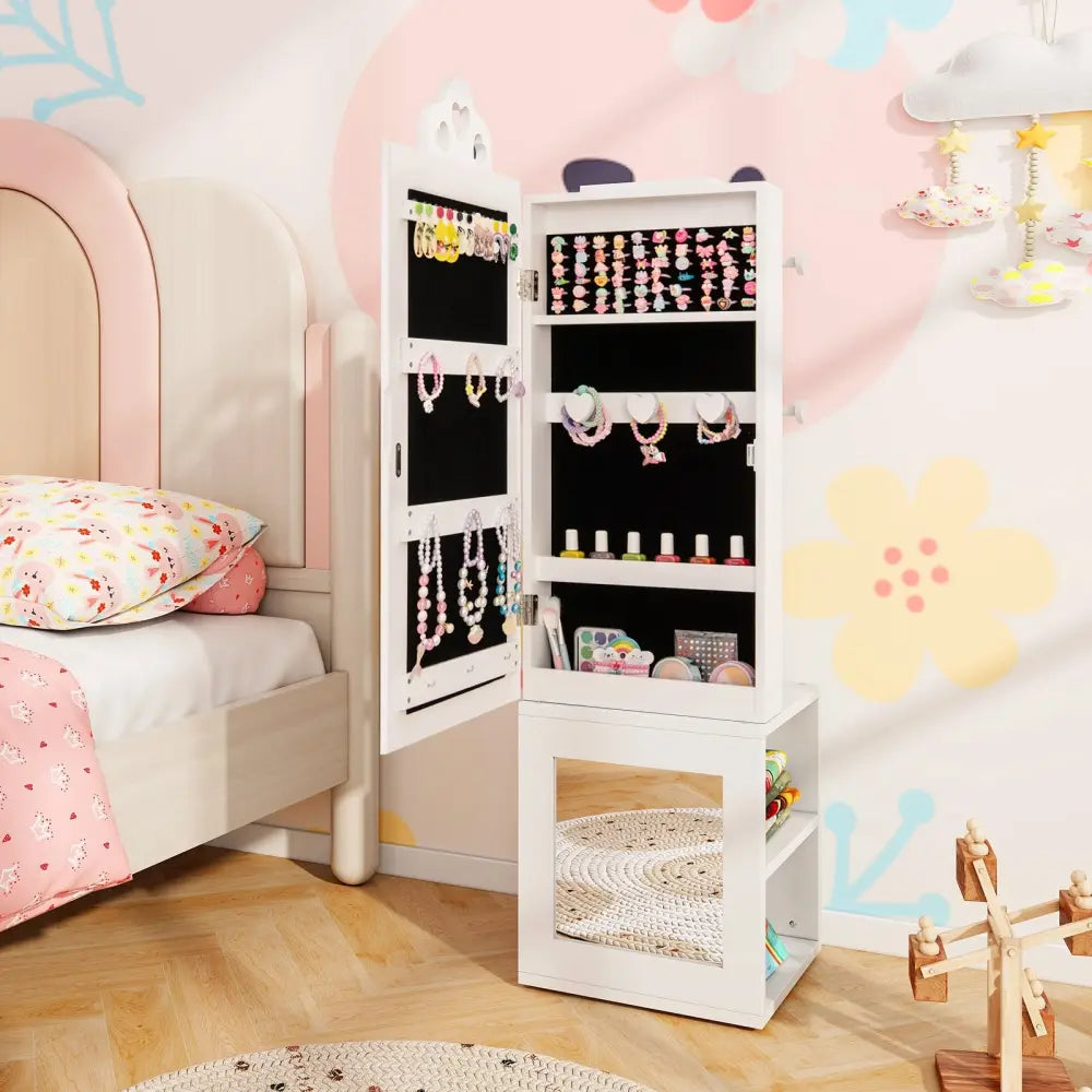 3-in-1 Freestanding Kids Jewelry Cabinet Armoire with Full Length Mirror-White - White - Kids Vanities