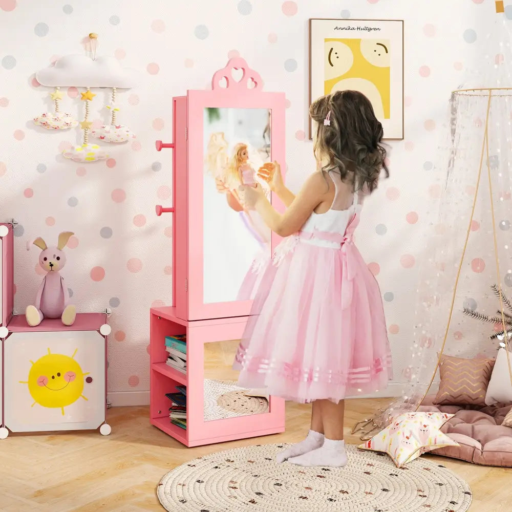 3-in-1 Freestanding Kids Jewelry Cabinet Armoire with Full Length Mirror-Pink - Pink - Kids Vanities