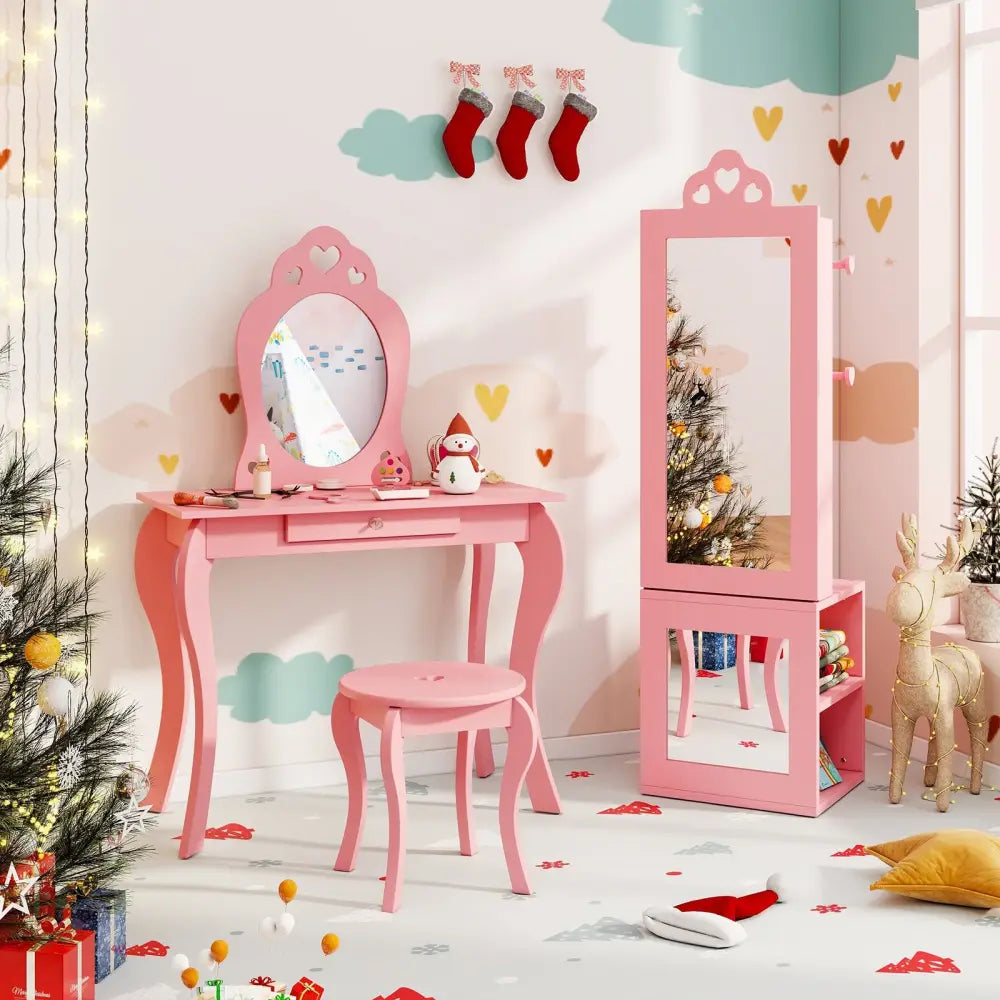 3-in-1 Freestanding Kids Jewelry Cabinet Armoire with Full Length Mirror-Pink - Pink - Kids Vanities