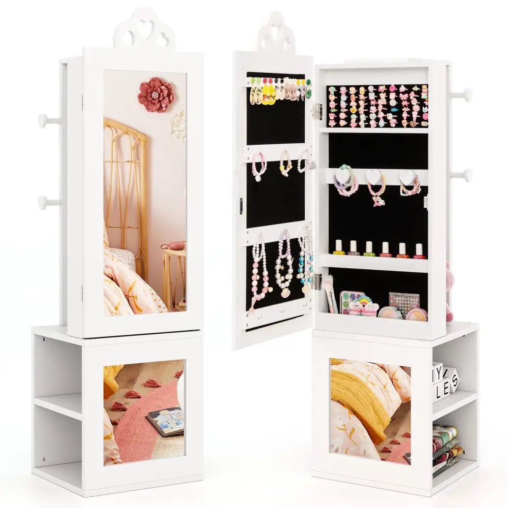 3-in-1 Freestanding Kids Jewelry Cabinet Armoire with Full Length Mirror-White - White - Kids Vanities