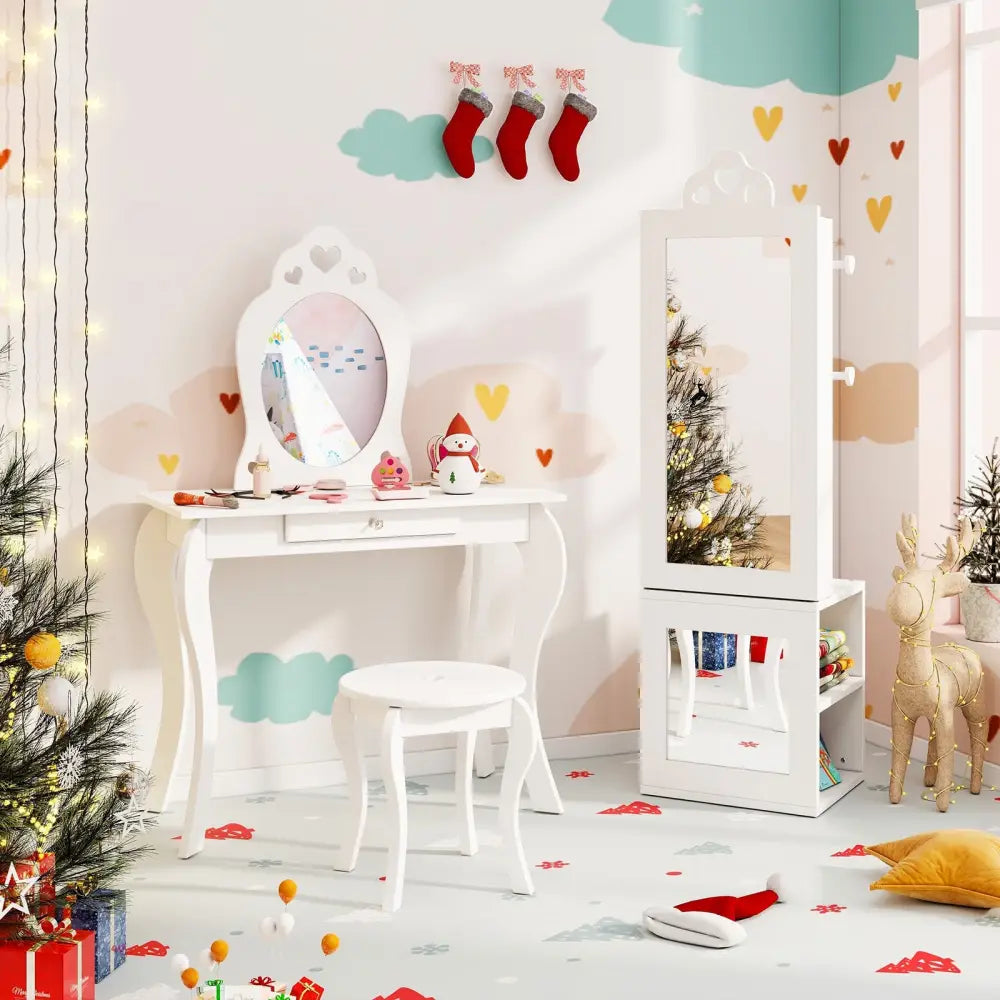 3-in-1 Freestanding Kids Jewelry Cabinet Armoire with Full Length Mirror-White - White - Kids Vanities