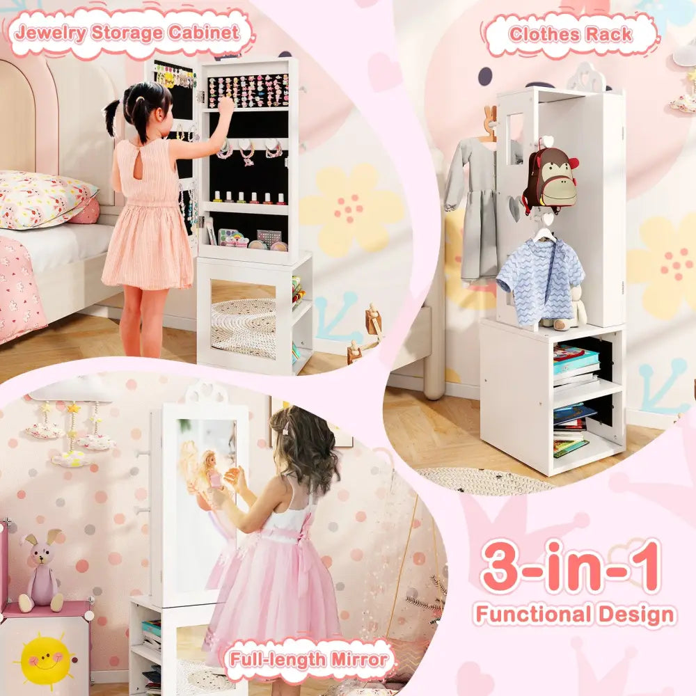 3-in-1 Freestanding Kids Jewelry Cabinet Armoire with Full Length Mirror-White - White - Kids Vanities