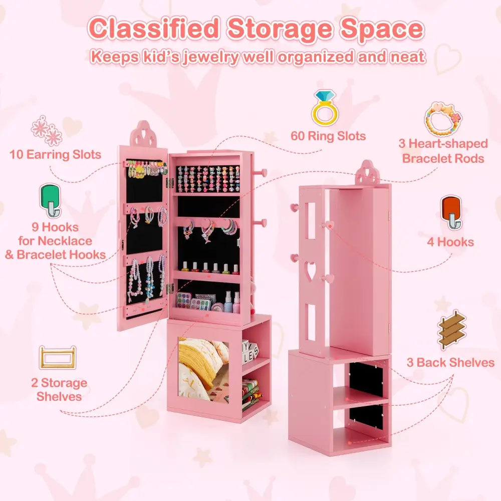 3-in-1 Freestanding Kids Jewelry Cabinet Armoire with Full Length Mirror-Pink - Pink - Kids Vanities