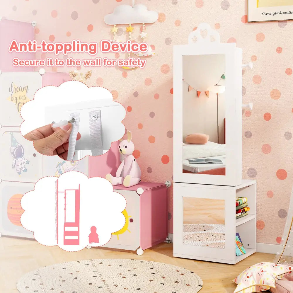 3-in-1 Freestanding Kids Jewelry Cabinet Armoire with Full Length Mirror-White - White - Kids Vanities