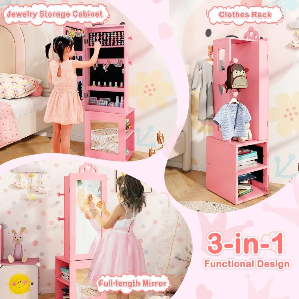 3-in-1 Freestanding Kids Jewelry Cabinet Armoire with Full Length Mirror-Pink - Pink - Kids Vanities