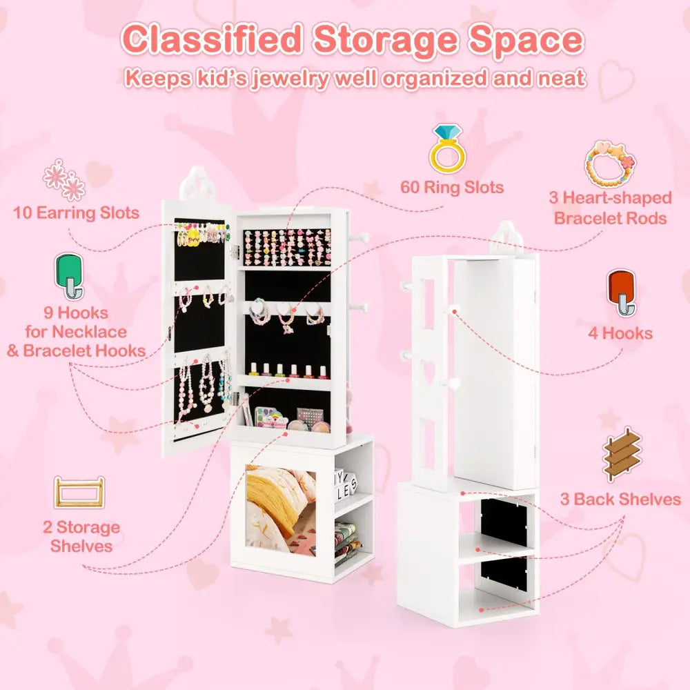 3-in-1 Freestanding Kids Jewelry Cabinet Armoire with Full Length Mirror-White - White - Kids Vanities