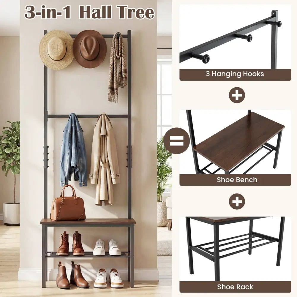 3-in-1 Hall Tree Freestanding Entryway Bench with Hooks - Coat Racks & Hall Trees