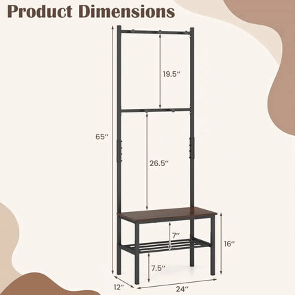 3-in-1 Hall Tree Freestanding Entryway Bench with Hooks - Coat Racks & Hall Trees