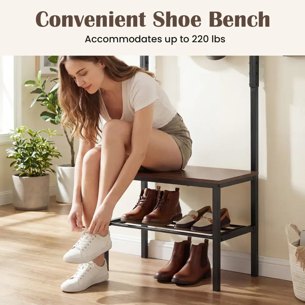 3-in-1 Hall Tree Freestanding Entryway Bench with Hooks - Coat Racks & Hall Trees