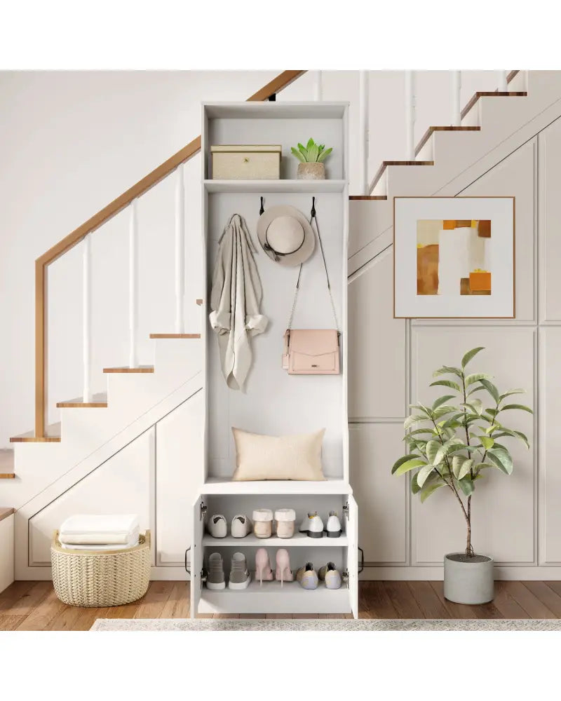 3-in-1 Hall Tree with Bench and Storage 23.5€ Wide Mudroom Storage-WHite - White - Coat Racks & Hall Trees