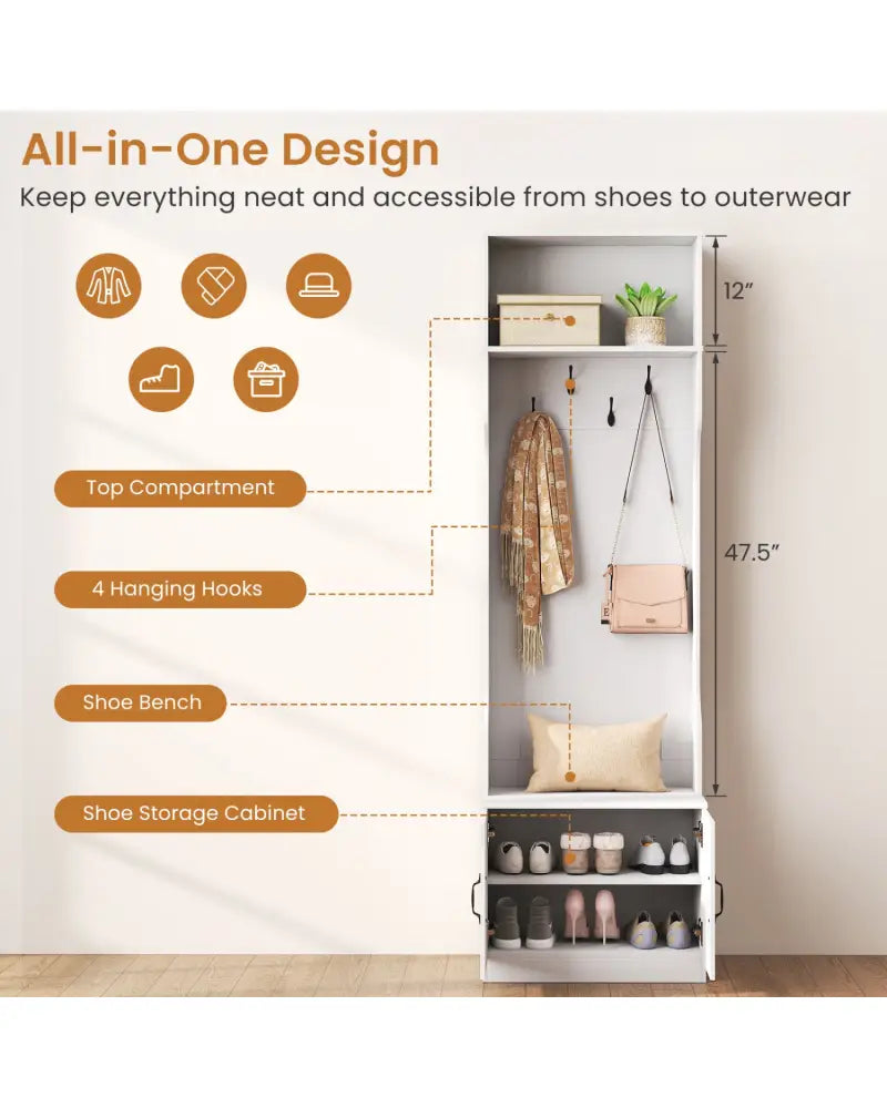 3-in-1 Hall Tree with Bench and Storage 23.5€ Wide Mudroom Storage-WHite - White - Coat Racks & Hall Trees