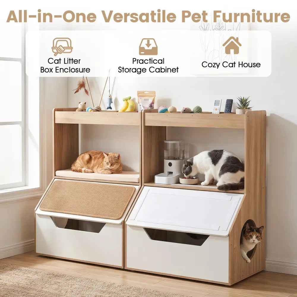 3-in-1 Hidden Cat House Cabinet with 4 Cubbies Removable Cushion and Scratching Pad-Natrual - Natural - Cat Houses