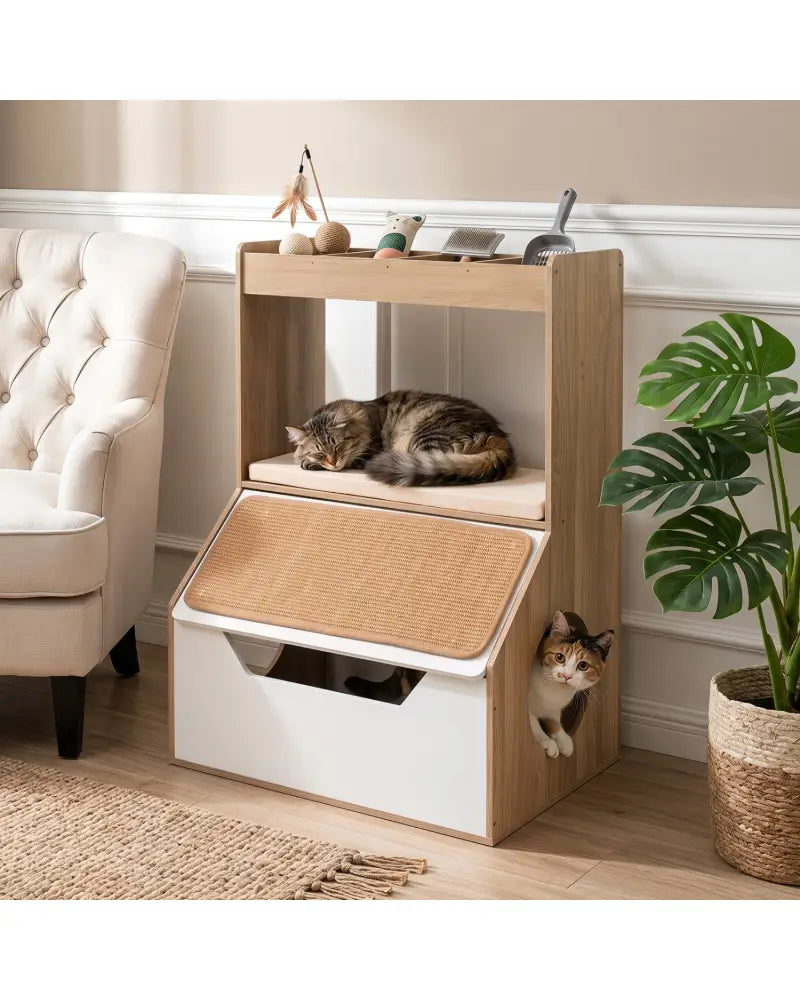 3-in-1 Hidden Cat House Cabinet with 4 Cubbies Removable Cushion and Scratching Pad-Natrual - Natural - Cat Houses