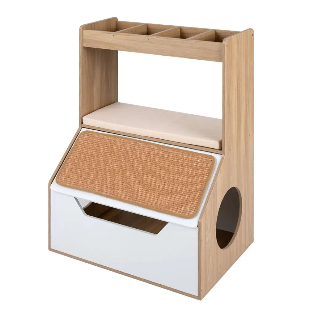 3-in-1 Hidden Cat House Cabinet with 4 Cubbies Removable Cushion and Scratching Pad-Natrual - Natural - Cat Houses