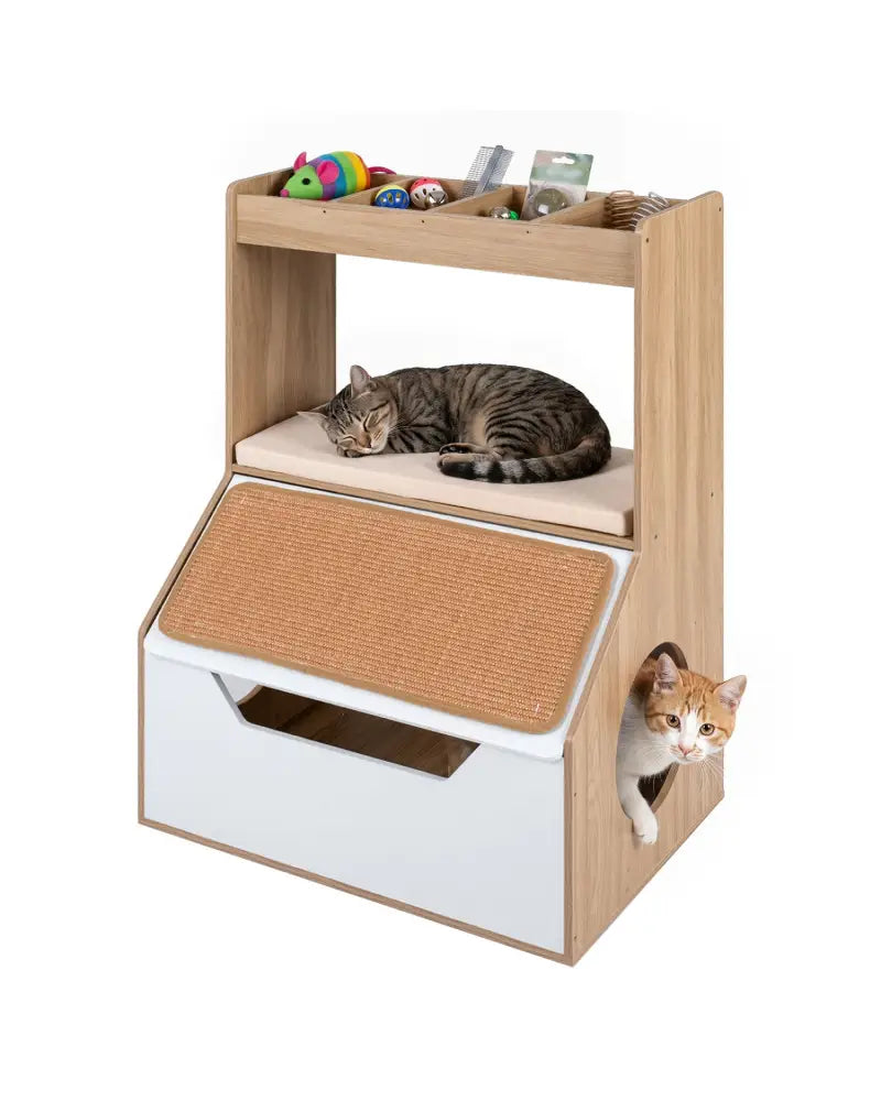 3-in-1 Hidden Cat House Cabinet with 4 Cubbies Removable Cushion and Scratching Pad-Natrual - Natural - Cat Houses