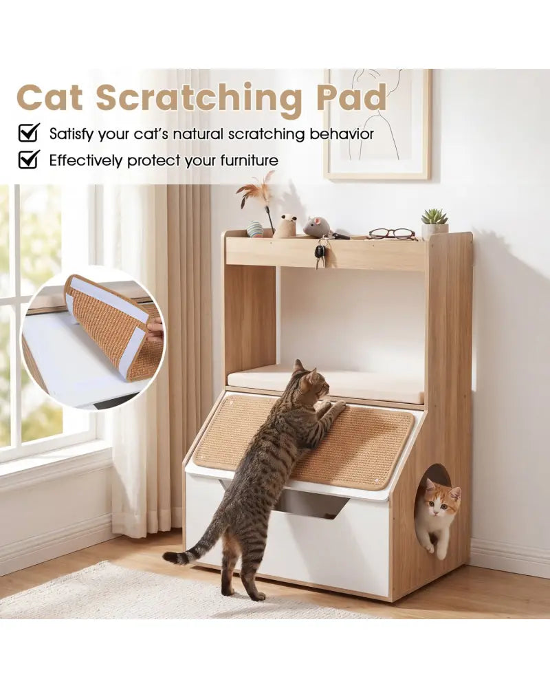 3-in-1 Hidden Cat House Cabinet with 4 Cubbies Removable Cushion and Scratching Pad-Natrual - Natural - Cat Houses