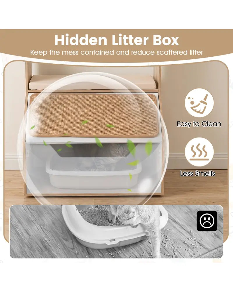 3-in-1 Hidden Cat House Cabinet with 4 Cubbies Removable Cushion and Scratching Pad-Natrual - Natural - Cat Houses