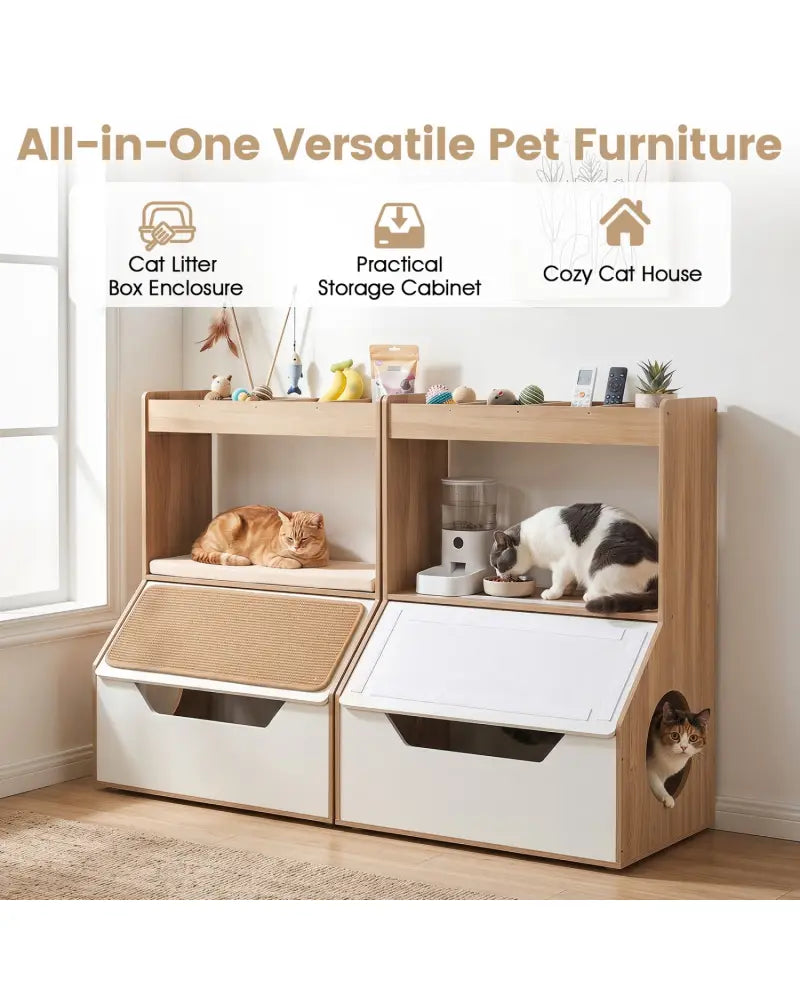 3-in-1 Hidden Cat House Cabinet with 4 Cubbies Removable Cushion and Scratching Pad-Natrual - Natural - Cat Houses