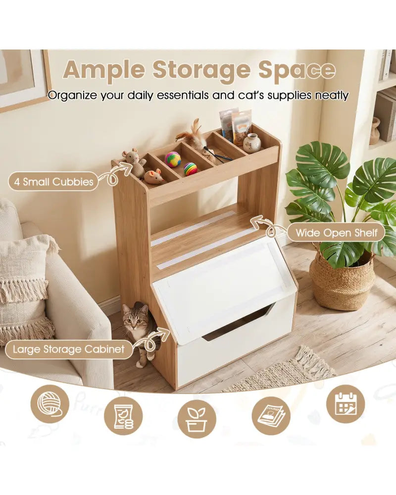 3-in-1 Hidden Cat House Cabinet with 4 Cubbies Removable Cushion and Scratching Pad-Natrual - Natural - Cat Houses