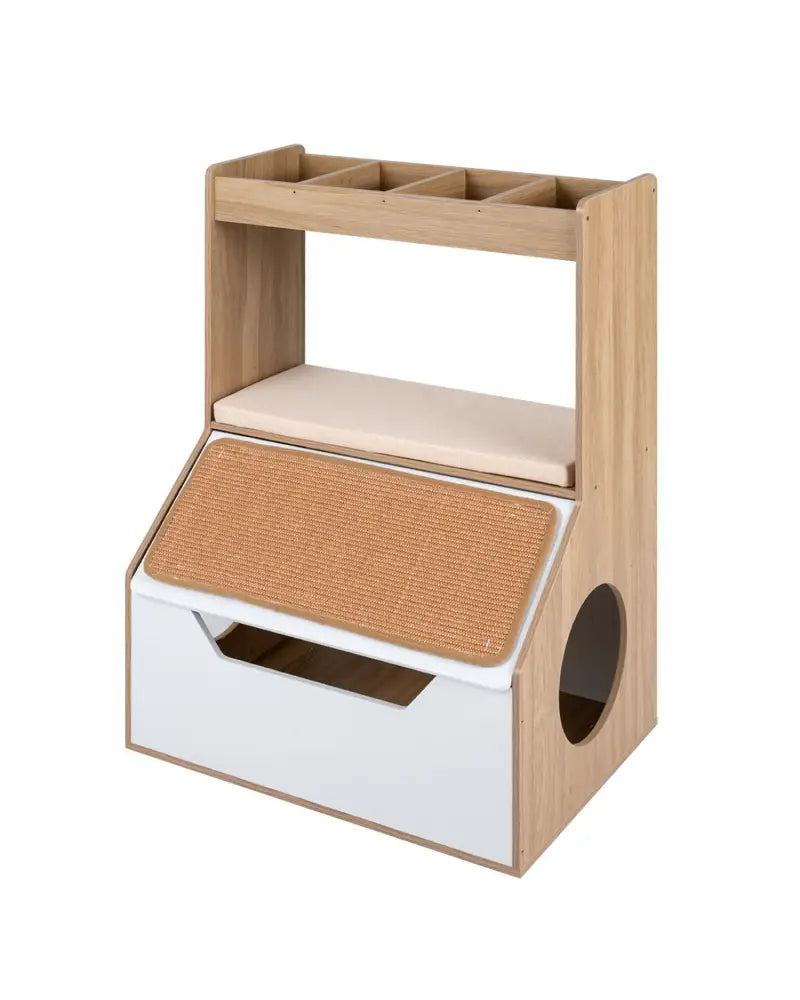 3-in-1 Hidden Cat House Cabinet with 4 Cubbies Removable Cushion and Scratching Pad-Natrual - Natural - Cat Houses