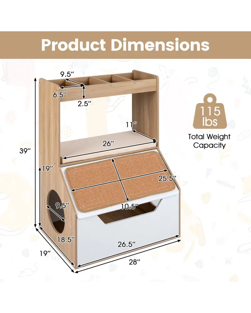 3-in-1 Hidden Cat House Cabinet with 4 Cubbies Removable Cushion and Scratching Pad-Natrual - Natural - Cat Houses