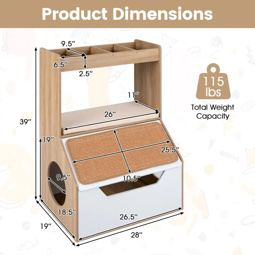 3-in-1 Hidden Cat House Cabinet with 4 Cubbies Removable Cushion and Scratching Pad-Natrual - Natural - Cat Houses