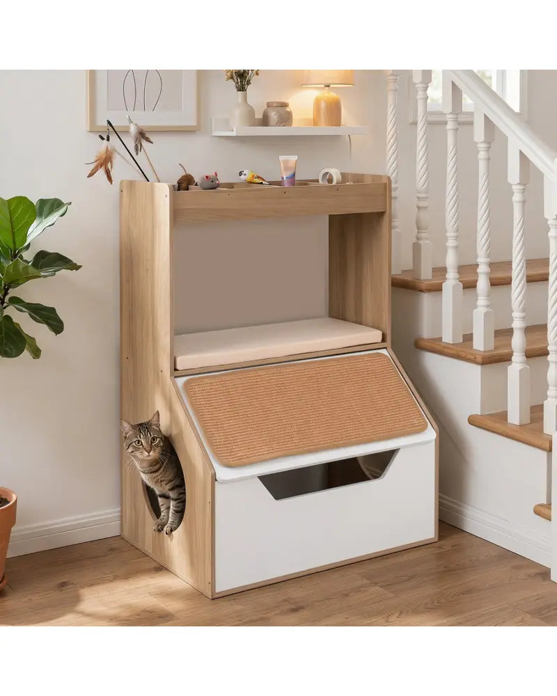 3-in-1 Hidden Cat House Cabinet with 4 Cubbies Removable Cushion and Scratching Pad-Natrual - Natural - Cat Houses