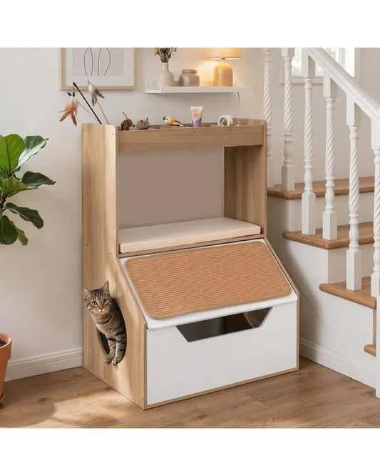 3-in-1 Hidden Cat House Cabinet with 4 Cubbies Removable Cushion and Scratching Pad-Natrual - Natural - Cat Houses
