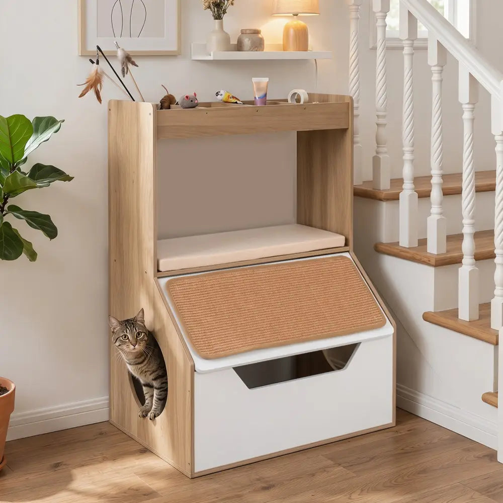 3-in-1 Hidden Cat House Cabinet with 4 Cubbies Removable Cushion and Scratching Pad-Natrual - Natural - Cat Houses