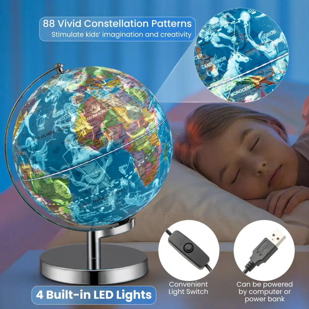 3-in-1 Illuminated World Globe with Stand and 88 Constellations - Blue - Learning Toys