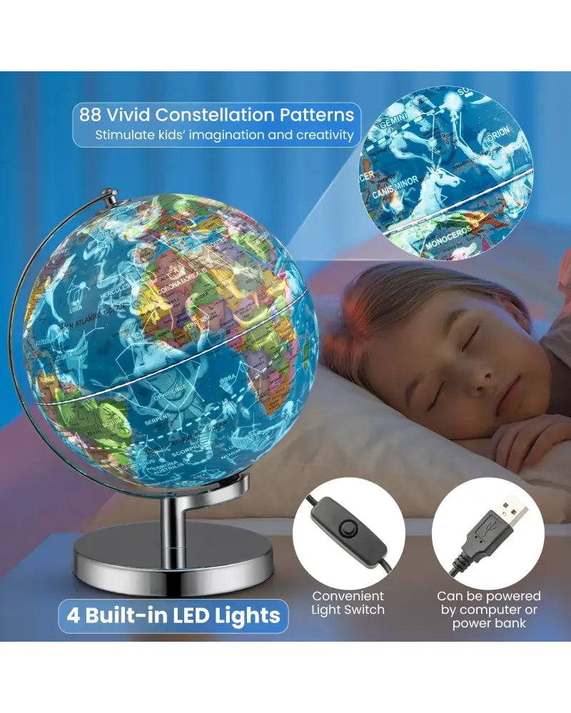 3-in-1 Illuminated World Globe with Stand and 88 Constellations - Blue - Learning Toys